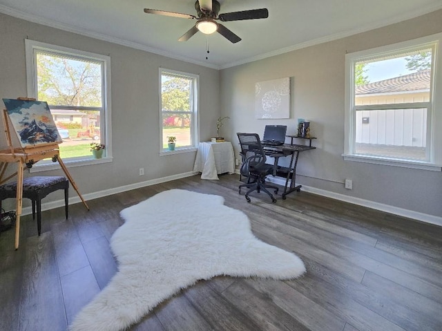 4512 Orchid St, Shreveport, LA 71105 - office area featuring wood finished floors, ornamental molding, baseboards, and a ceiling fan
