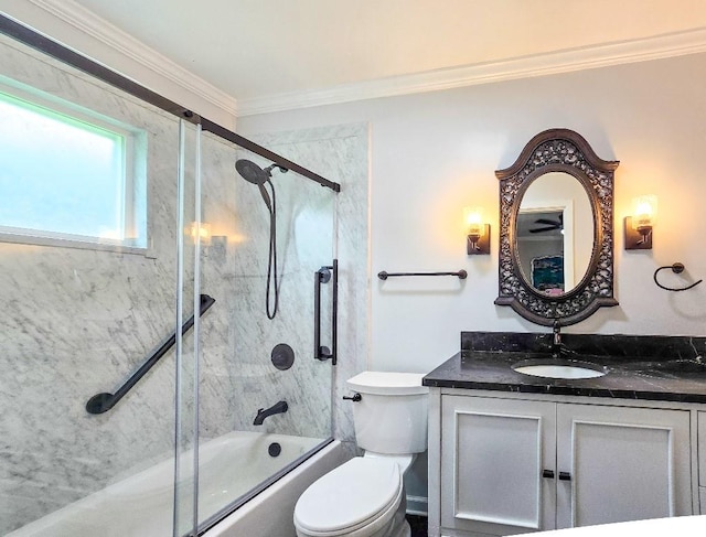 4512 Orchid St, Shreveport, LA 71105 - bathroom featuring vanity, ornamental molding, enclosed tub / shower combo, and toilet