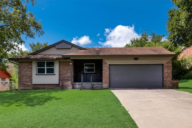 ranch-style house featuring an attached garage, concrete driveway, a front lawn, and brick siding