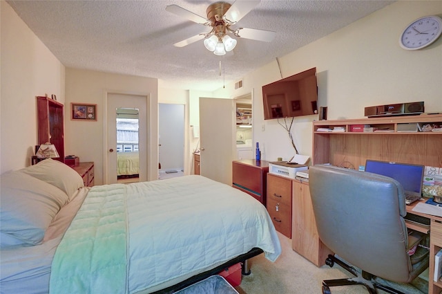 4405 Tophill Ln, Irving, TX 75038 - bedroom featuring ceiling fan, light carpet, a textured ceiling, and visible vents