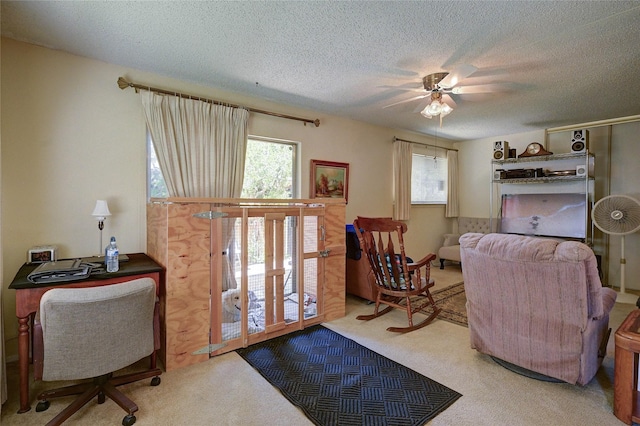 4405 Tophill Ln, Irving, TX 75038 - sitting room with carpet flooring, a textured ceiling, ceiling fan, and a wealth of natural light