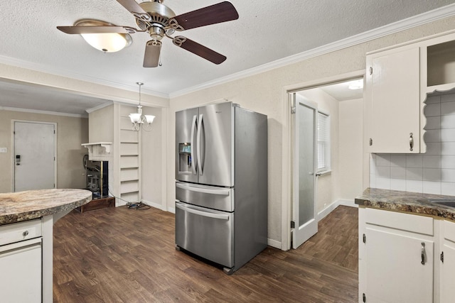 kitchen featuring a ceiling fan, tasteful backsplash, dark wood finished floors, stainless steel fridge with ice dispenser, and white cabinets