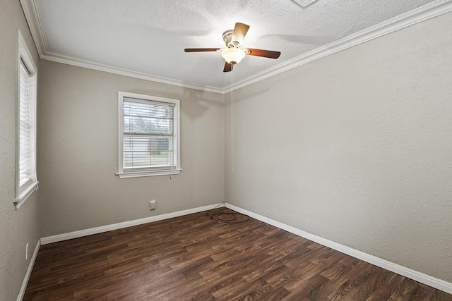 spare room featuring baseboards, a ceiling fan, and dark wood-style floors