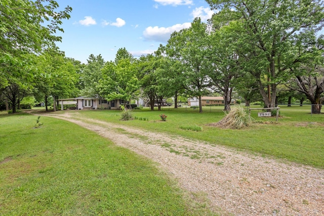 view of property's community with dirt driveway and a yard