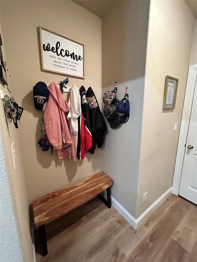 mudroom with baseboards and wood finished floors