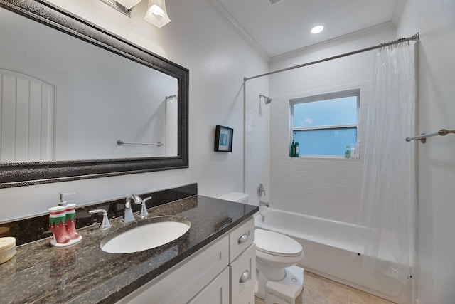 5513 Willis Ave, Dallas, TX 75206 - bathroom with vanity, toilet, crown molding, shower / tub combo, and tile patterned floors