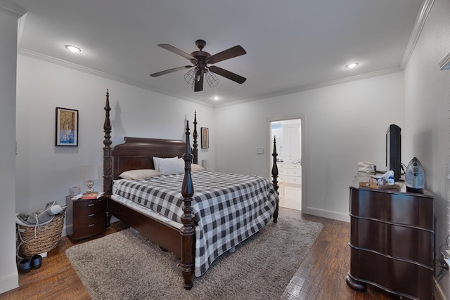 5513 Willis Ave, Dallas, TX 75206 - bedroom with crown molding, dark wood-type flooring, recessed lighting, a ceiling fan, and baseboards