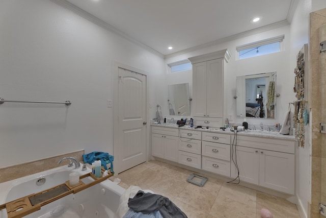bathroom with a jetted tub, double vanity, a sink, tile patterned floors, and ornamental molding