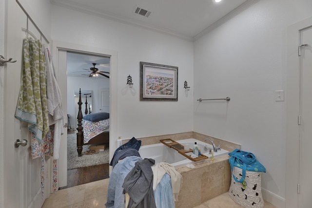 ensuite bathroom featuring visible vents, ornamental molding, ensuite bathroom, a bath, and tile patterned floors