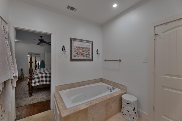 5513 Willis Ave, Dallas, TX 75206 - ensuite bathroom with a tub with jets, ornamental molding, baseboards, and ceiling fan