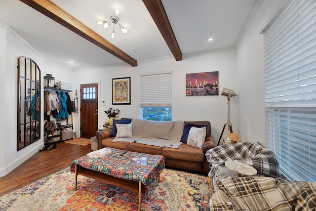 5513 Willis Ave, Dallas, TX 75206 - living area with wood finished floors, beamed ceiling, ornamental molding, recessed lighting, and baseboards
