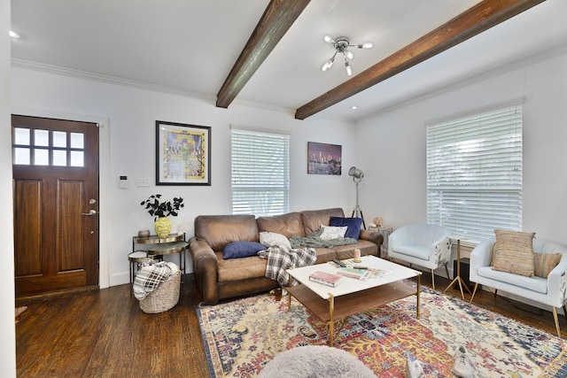 living area featuring baseboards, beam ceiling, and wood finished floors