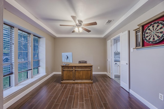 703 Athenia Way, Duncanville, TX 75137 - office area with a raised ceiling, ceiling fan, dark wood finished floors, and baseboards