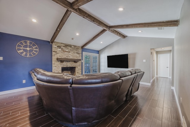 703 Athenia Way, Duncanville, TX 75137 - living area featuring wood tiled floors, baseboards, a brick fireplace, and recessed lighting