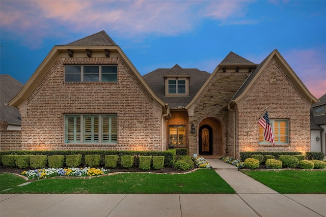 view of front of property with brick siding, a shingled roof, and a lawn