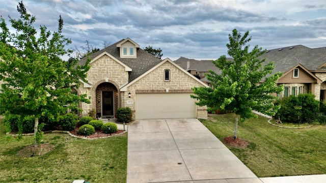 4010 Knightsbridge Ln, Midlothian, TX 76065 - craftsman-style house featuring a garage, a front lawn, stone siding, roof with shingles, and driveway