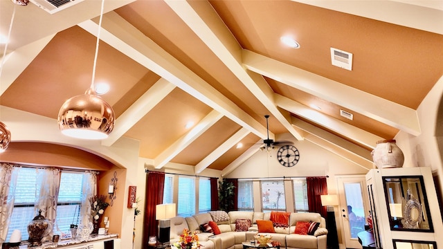 4010 Knightsbridge Ln, Midlothian, TX 76065 - interior space with a ceiling fan, visible vents, vaulted ceiling with beams, and recessed lighting