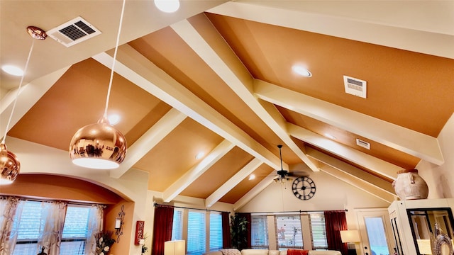 4010 Knightsbridge Ln, Midlothian, TX 76065 - details with ceiling fan, recessed lighting, beam ceiling, and visible vents