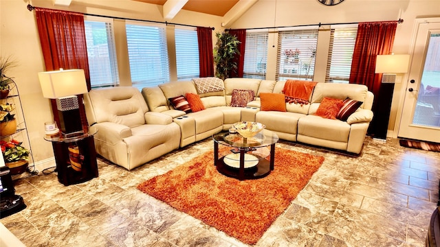 4010 Knightsbridge Ln, Midlothian, TX 76065 - living area featuring baseboards and vaulted ceiling