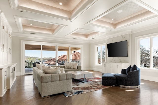 living area with baseboards, coffered ceiling, ornamental molding, and dark wood-type flooring