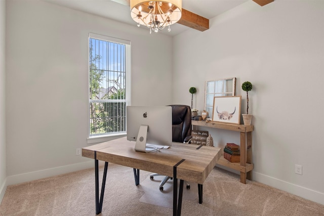 office space with baseboards, carpet, beamed ceiling, and an inviting chandelier