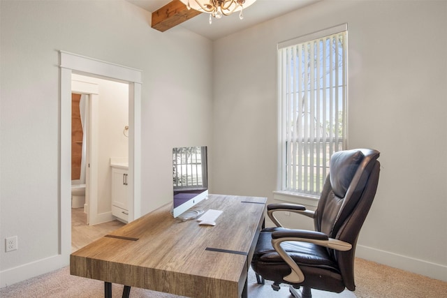 office featuring carpet floors, beamed ceiling, baseboards, and an inviting chandelier