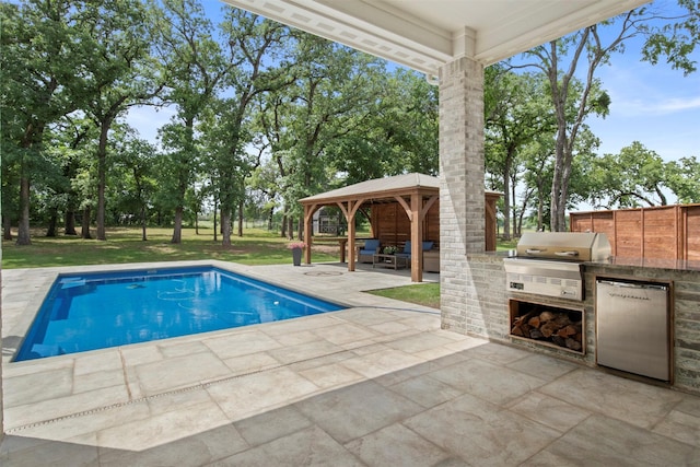 outdoor pool featuring outdoor lounge area, area for grilling, a patio area, exterior kitchen, and a gazebo