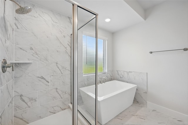 1851 Rosedale Ave, Van Alstyne, TX 75495 - full bathroom featuring recessed lighting, baseboards, marble finish floor, a shower stall, and a freestanding tub