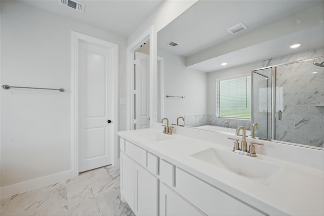 1851 Rosedale Ave, Van Alstyne, TX 75495 - full bath featuring a marble finish shower, visible vents, and a sink