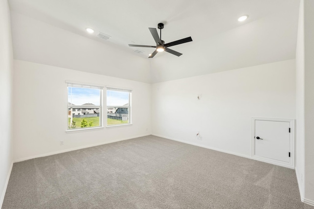 801 Daisy Corner Dr, Little Elm, TX 76227 - unfurnished room featuring ceiling fan, carpet floors, vaulted ceiling, baseboards, and recessed lighting