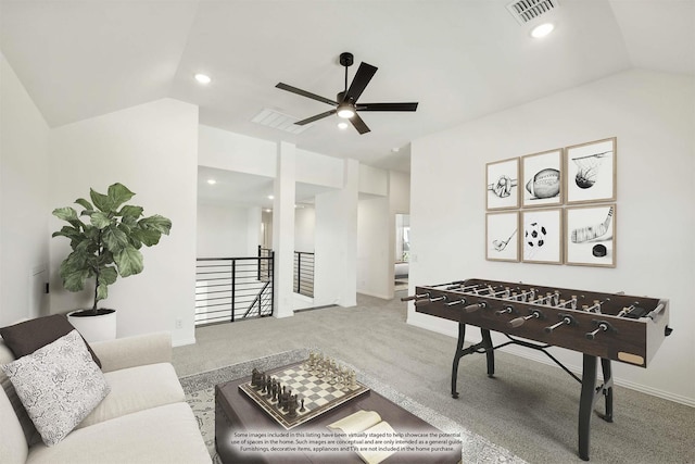 801 Daisy Corner Dr, Little Elm, TX 76227 - game room featuring carpet, vaulted ceiling, a ceiling fan, recessed lighting, and baseboards