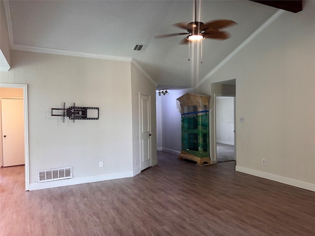 1005 Bass Dr, Plano, TX 75025 - unfurnished living room featuring visible vents, a ceiling fan, wood finished floors, and vaulted ceiling