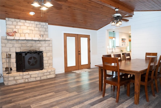 1980 SE County Road 3310th Rd, Kerens, TX 75144 - dining area with ceiling fan, french doors, wood finished floors, wooden ceiling, and vaulted ceiling with beams