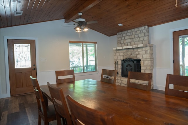 1980 SE County Road 3310th Rd, Kerens, TX 75144 - dining room with wood ceiling, wainscoting, vaulted ceiling with beams, and wood finished floors