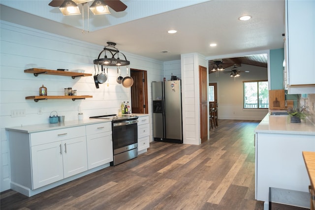 1980 SE County Road 3310th Rd, Kerens, TX 75144 - kitchen featuring ceiling fan, dark wood-type flooring, light countertops, white cabinetry, and appliances with stainless steel finishes