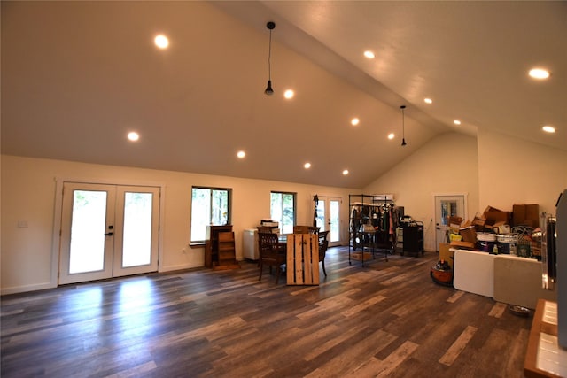 1980 SE County Road 3310th Rd, Kerens, TX 75144 - living area featuring recessed lighting, high vaulted ceiling, french doors, and dark wood-type flooring