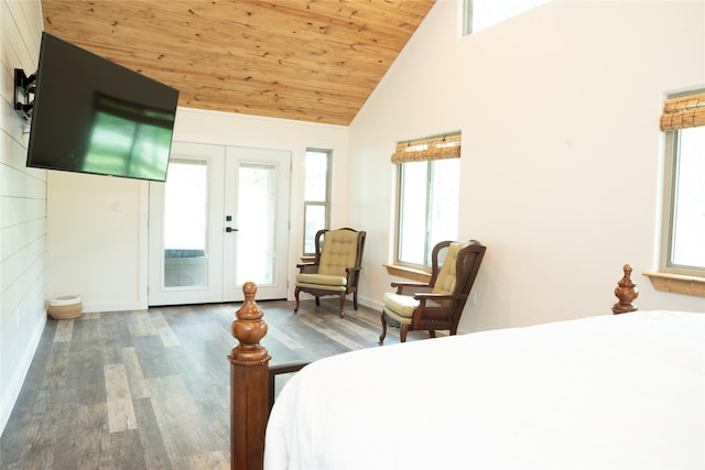 1980 SE County Road 3310th Rd, Kerens, TX 75144 - bedroom featuring wood finished floors, access to exterior, high vaulted ceiling, wooden ceiling, and french doors