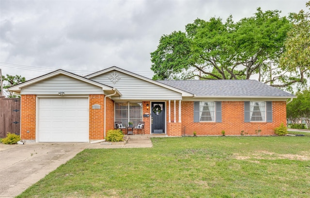 1200 Ridgeway Dr, Richardson, TX 75080 - ranch-style house with brick siding, a garage, a front yard, concrete driveway, and covered porch