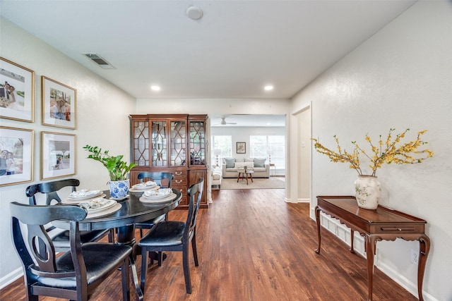 1200 Ridgeway Dr, Richardson, TX 75080 - dining space featuring visible vents, recessed lighting, and dark wood-style floors