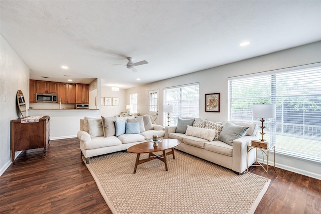 1200 Ridgeway Dr, Richardson, TX 75080 - living area with baseboards, ceiling fan, recessed lighting, and dark wood-type flooring