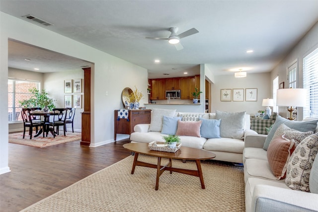 1200 Ridgeway Dr, Richardson, TX 75080 - living area featuring dark wood-style flooring, plenty of natural light, ceiling fan, and recessed lighting