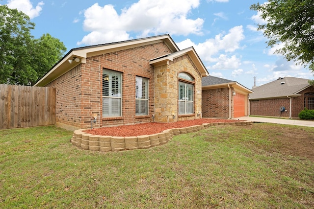ranch-style home with driveway, a garage, brick siding, fence, and a front lawn