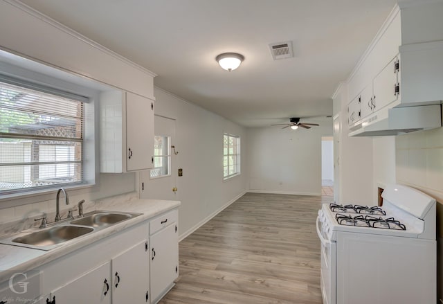 kitchen featuring a ceiling fan, visible vents, gas range gas stove, a sink, and under cabinet range hood