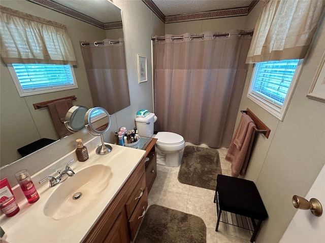 222 County Road 3331, Paradise, TX 76073 - bathroom with vanity, ornamental molding, a textured ceiling, and a wealth of natural light