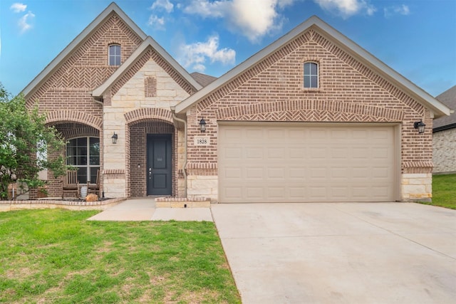 1828 Abelia Ln, Weatherford, TX 76086 - french country style house featuring brick siding, driveway, stone siding, and a garage