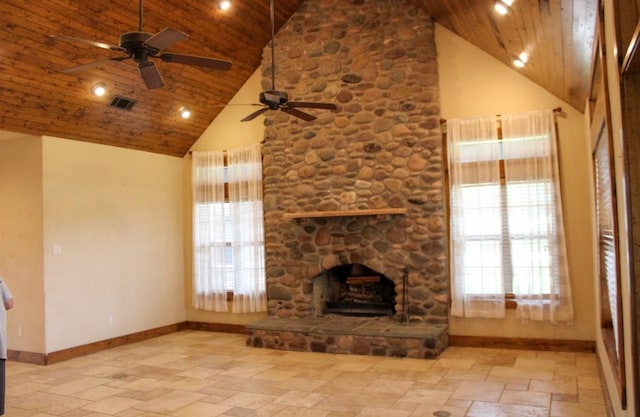 unfurnished living room with visible vents, baseboards, high vaulted ceiling, wooden ceiling, and a ceiling fan