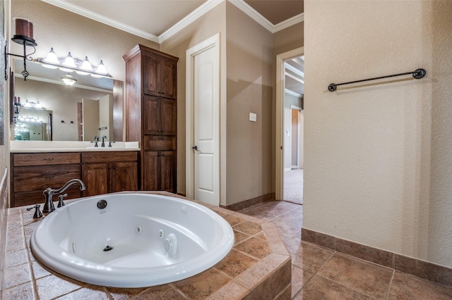full bathroom featuring a tub with jets, ornamental molding, baseboards, and vanity