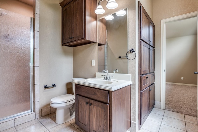 full bath featuring tile patterned flooring, walk in shower, toilet, and vanity