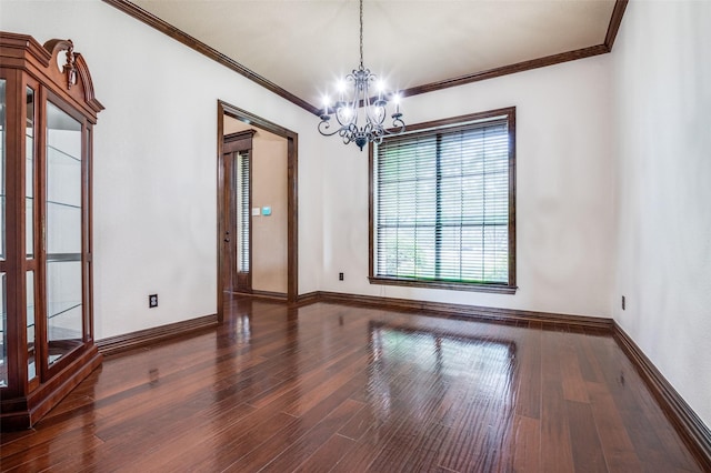 unfurnished dining area featuring baseboards, a chandelier, and wood finished floors