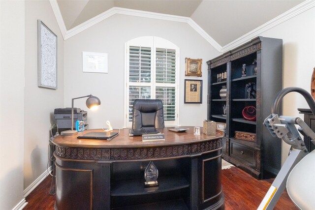 office area with baseboards, dark wood-style flooring, and vaulted ceiling